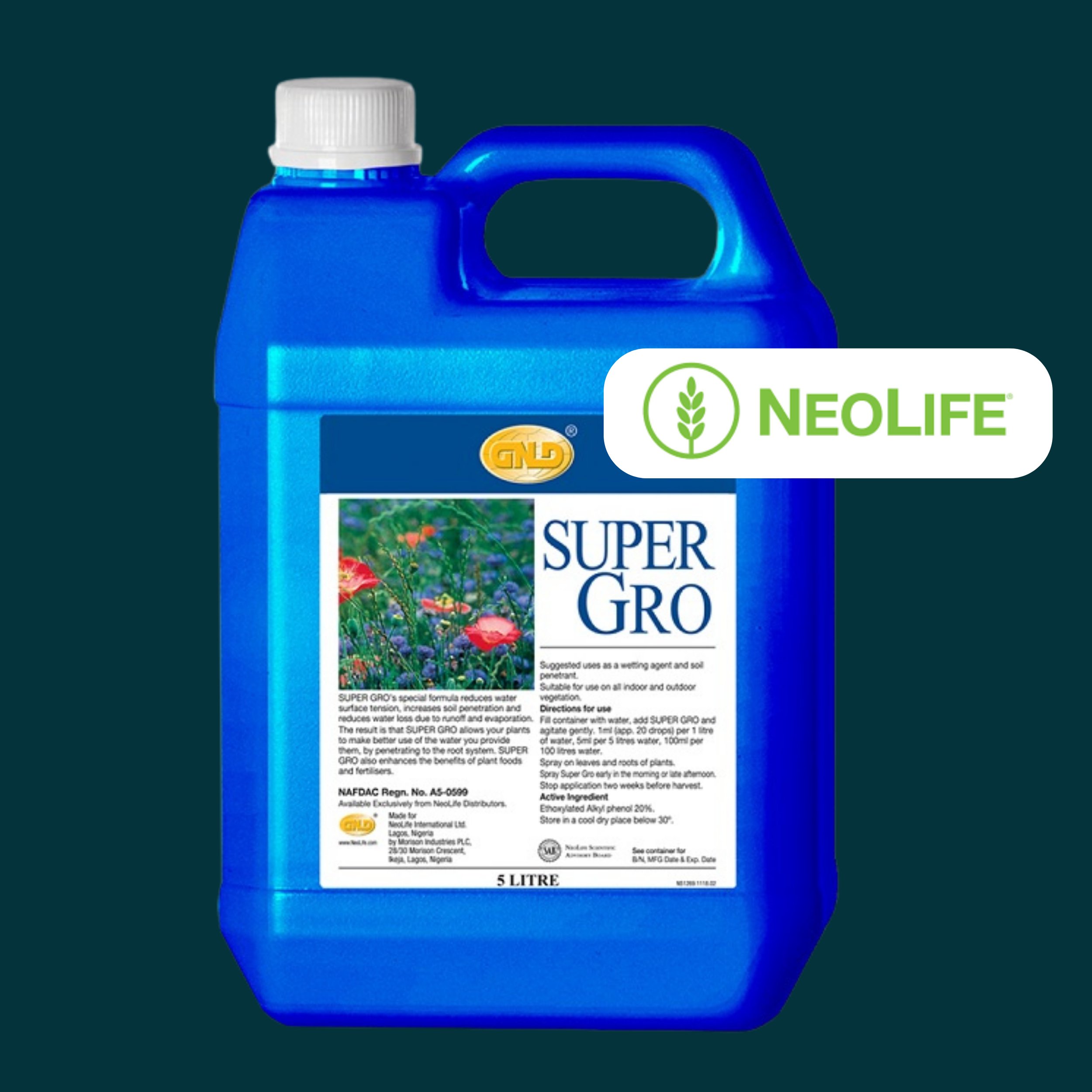 NeoLife Super Gro liquid fertilizer for crop yield boost, water retention, and sustainable farming